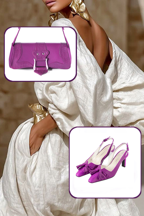 Dress slingback bow heels in mauve purple leather with medium slim heels and tapered toe - Worn view